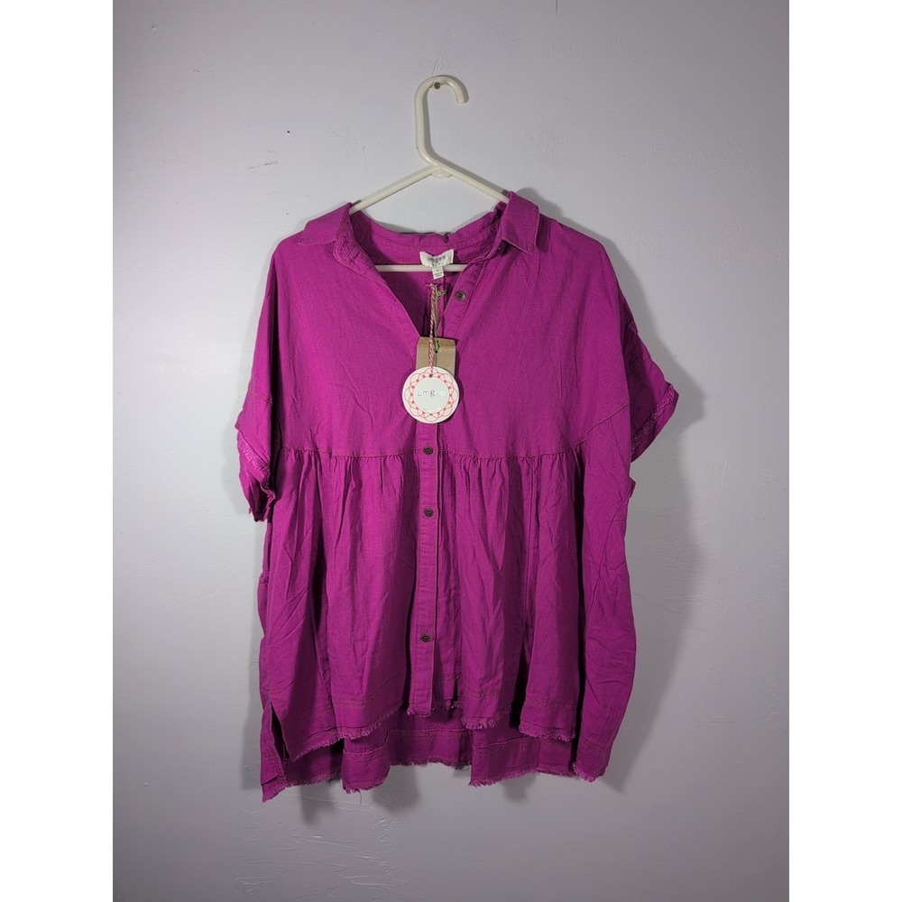 Umgee Oversized Small Babydoll‎ Tunic Top Purple Short Sleeve New Raw Hem